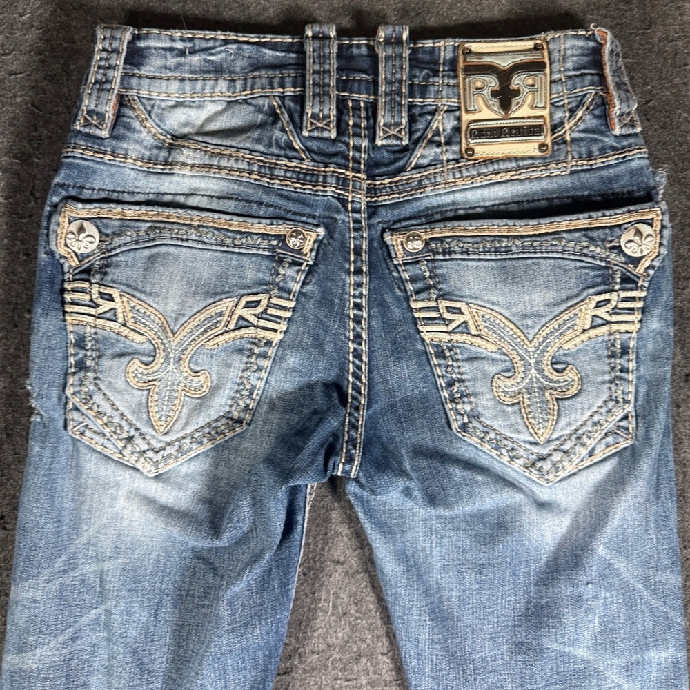 Rock Revival Crestan Slim Boot Jeans Mens 28 Medium Wash Distressed Y2K Blue